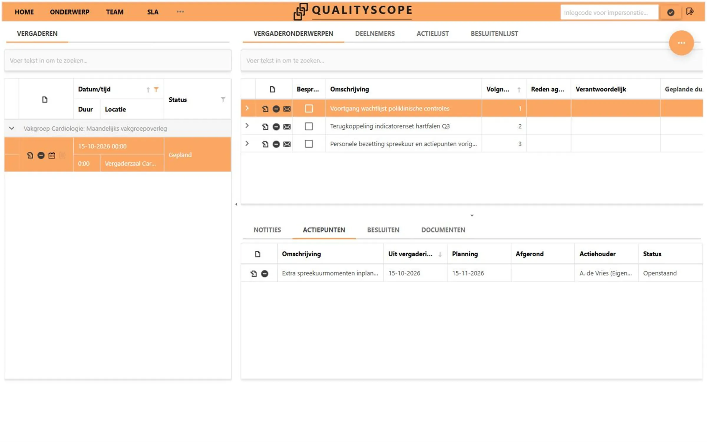 Schermbeeld van QualityScope met een vakgroepoverleg, de agendapunten en een openstaand actiepunt