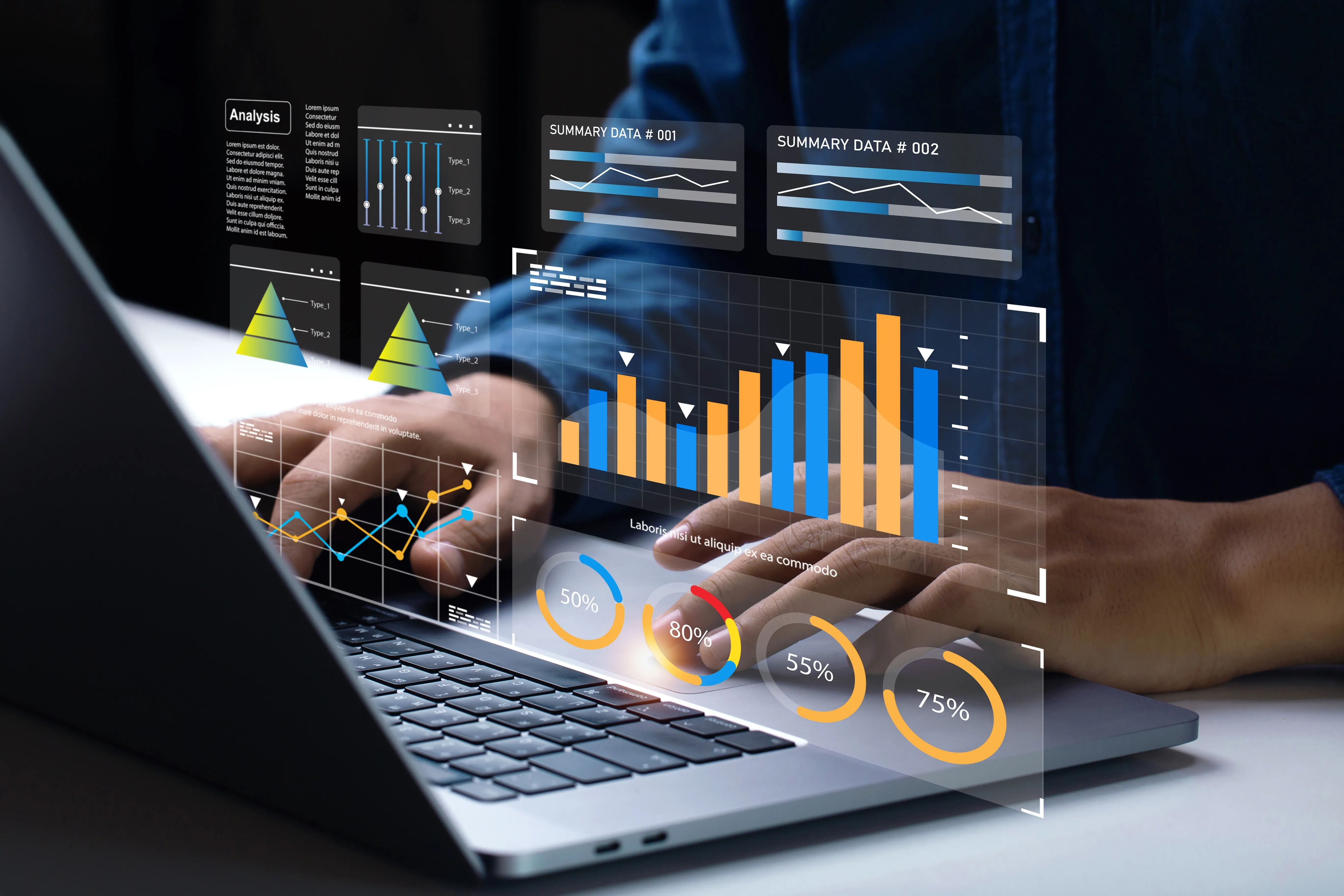 Laptop met data-overlay; abstracte weergave van data en modellen